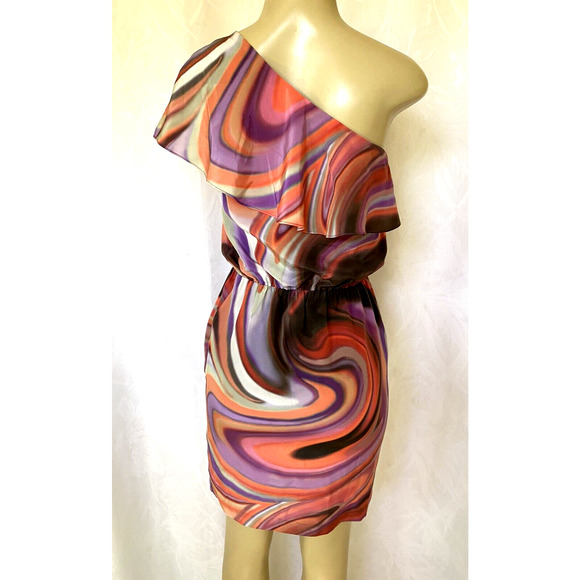 Halston Heritage One Shoulder Ruffled Dress Swirl Silk Mini Orange Purpl… - Picture 3 of 9